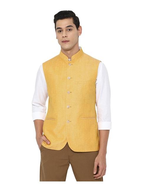 allen-solly-yellow-sleeveless-mandarin-collar-nehru-jacket