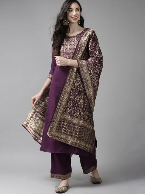Indo Era Purple Woven Pattern Kurta Palazzo Set With Dupatta
