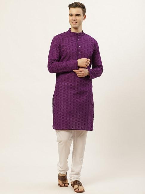 Jompers Purple Cotton Regular Fit Embroidered Kurta Set