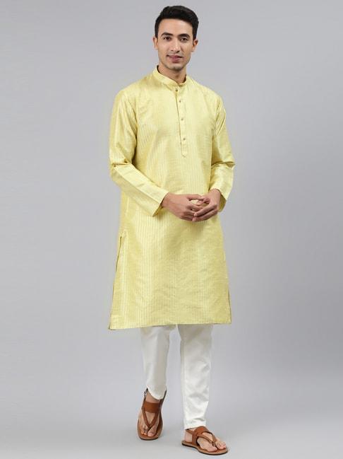 ManQ Yellow Regular Fit Striped Ethnic Wear