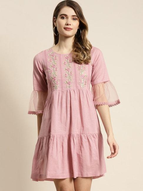 juniper-women's-blushpink-cotton-slub-solid-embroidered-short-dress
