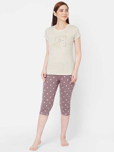 Sweet Dreams Beige & Lavender Printed T-Shirt With Capris