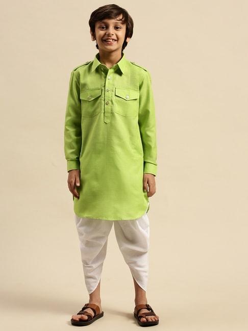 sanwara-kids-green-&-white-cotton-kurta-set