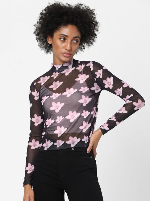 only-black-&-pink-floral-print-top