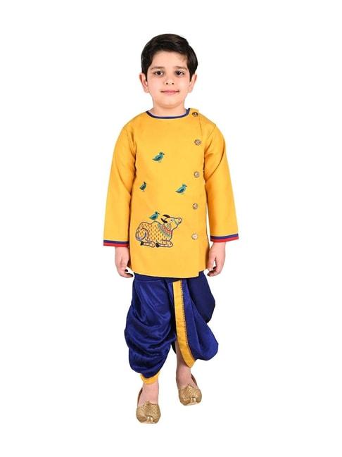 Ahhaaaa Kids Yellow & Blue Cotton Embroidered Kurta Set