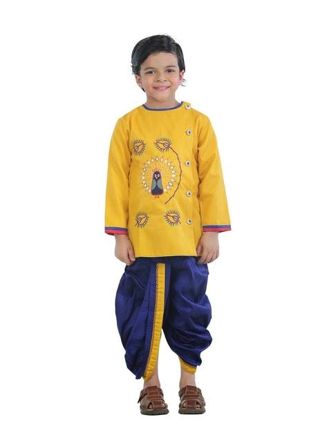 Ahhaaaa Kids Yellow & Blue Cotton Embroidered Kurta Set