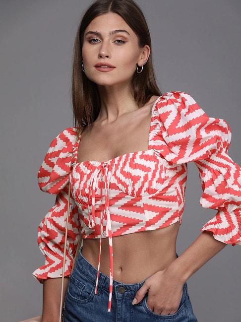 Style Quotient White & Coral Printed Crop Top