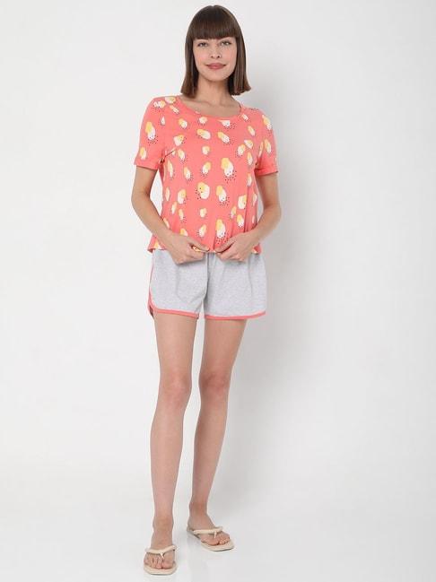Vero Moda Ease Peach & Grey Printed T-shirt With Short
