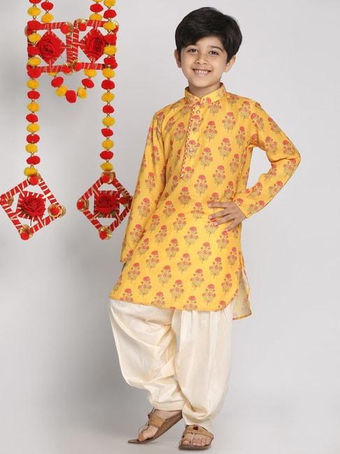 vastramay-kids-mustard-&-cream-cotton-printed-kurta-set