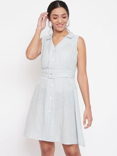 MADAME Sky Blue & Grey Cotton Striped A-Line Dress