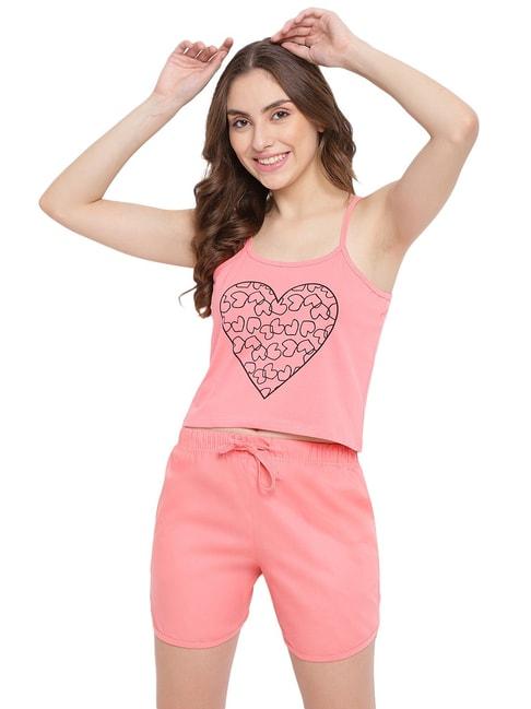 La Intimo Pink Printed Camisole Top With Shorts