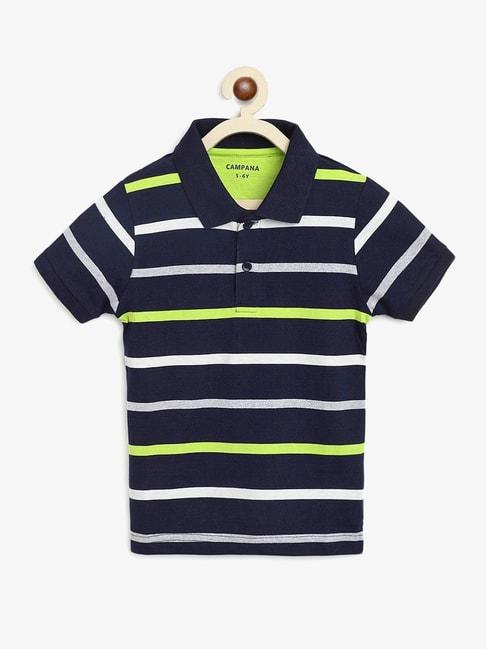 Campana Kids Navy & Green Cotton Striped Polo T-Shirt