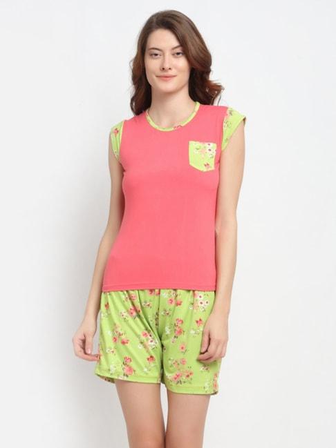 NEUDIS Pink & Green Printed T-Shirt With Shorts