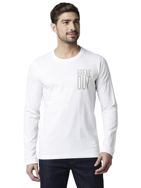 Basics White Cotton Slim Fit Printed T-Shirt