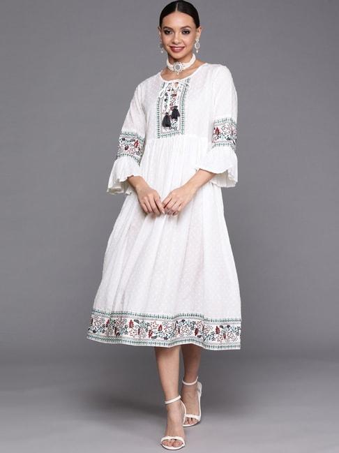 Indo Era White Cotton Embroidered A-Line Dress