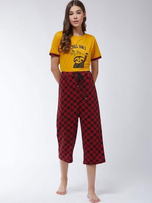 Miss Chase Mustard & Red Cotton Printed T-Shirt Capris Set