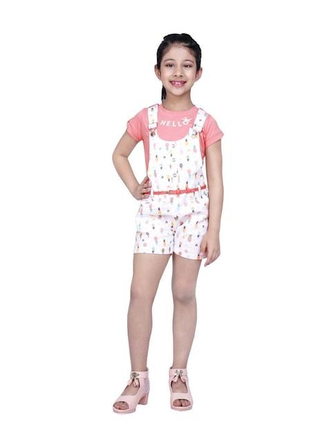 Peppermint Kids Peach & White Printed Dungaree