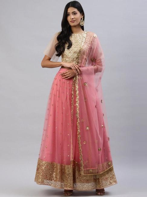 READIPRINT FASHIONS Golden & Pink Embellished Lehenga Choli Set With Dupatta
