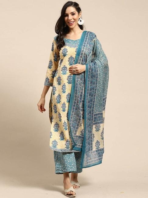 Rajnandini Beige & Sky Blue Cotton Printed Unstitched Dress Material