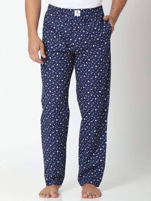 Underjeans Navy Cotton Regular Fit Printed Pyjamas