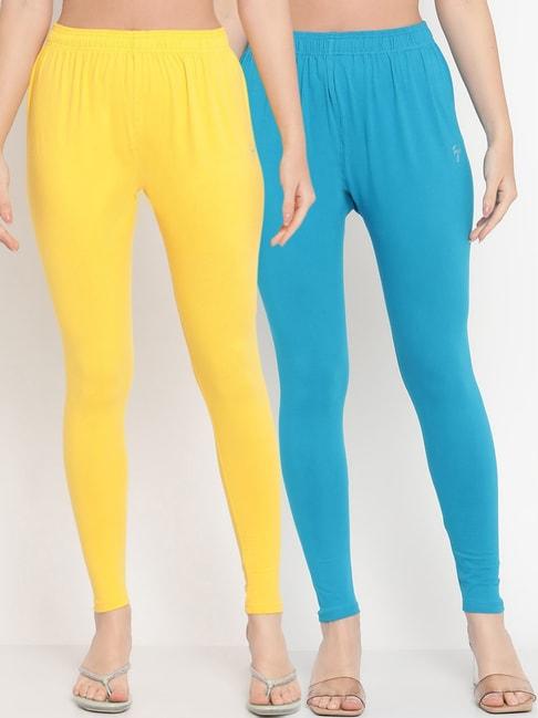 TAG 7 Blue & Yellow Cotton Leggings - Pack Of 2