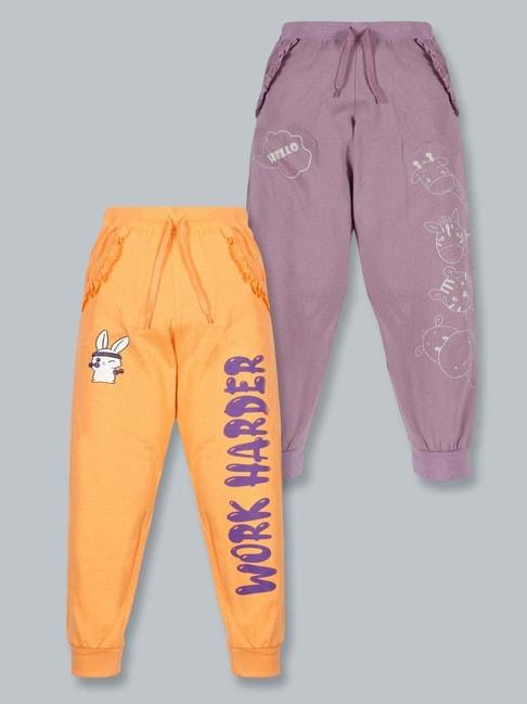 Kiddopanti Kids Purple & Orange Cotton Printed Trackpants (Pack of 2)