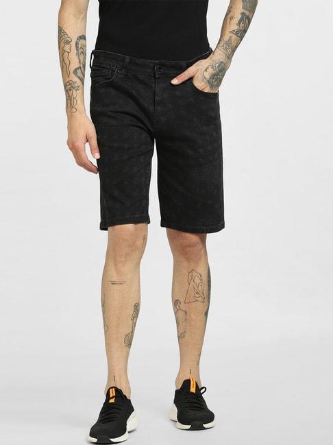 Jack & Jones Black Cotton Regular Fit Printed Denim Shorts