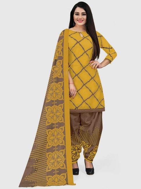 Rajnandini Yellow & Brown Cotton Printed Unstitched Dress Material