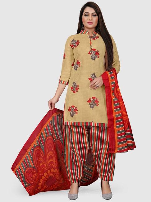 Rajnandini Beige Cotton Printed Unstitched Dress Material