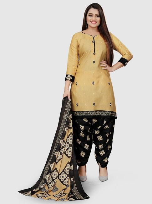 Rajnandini Beige & Black Cotton Printed Unstitched Dress Material
