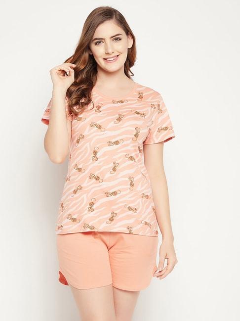 Clovia Peach Printed T-Shirt With Shorts