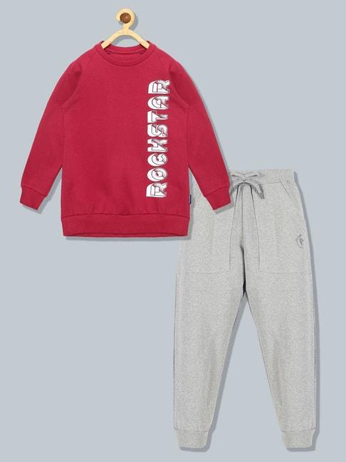 Kiddopanti Kids Red & Grey Melange Graphic Print Full Sleeves Sweatshirt with Track Pants