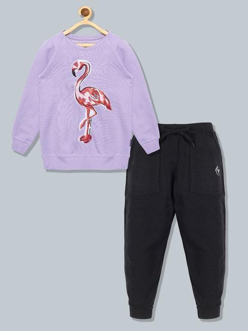 Kiddopanti Kids Lavender & Black Embellished Full Sleeves Sweatshirt with Track Pants