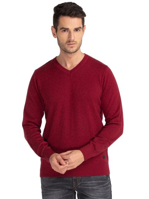 Parx Red Cotton Regular Fit Printed Sweaters