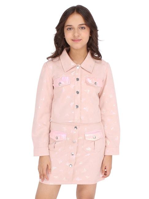 Cutecumber Kids Light Pink Printed Full Sleeves Coat with Skirt