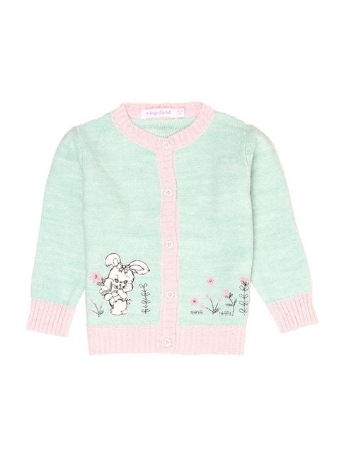 Wingsfield Kids Green & Pink Embroidered Full Sleeves Cardigan