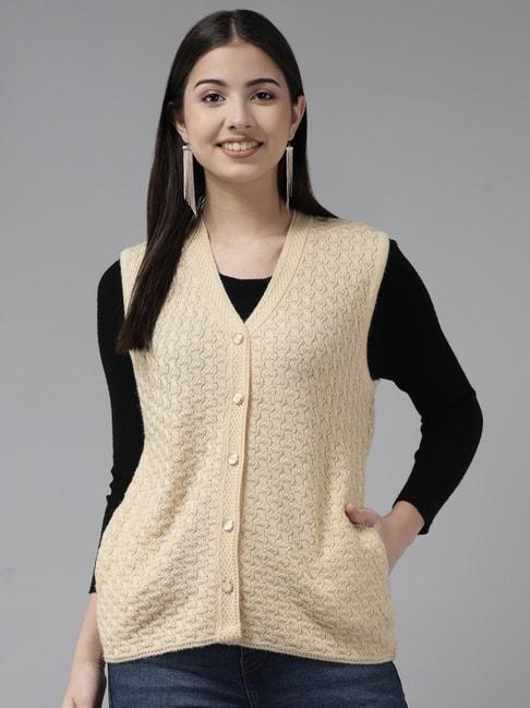 Cayman Beige Wool Self Design Cable Knit Cardigan