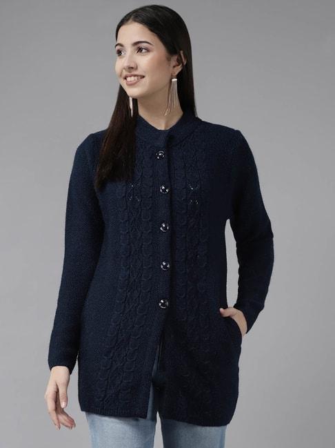Cayman Navy Wool Self Design Cable Knit Cardigan