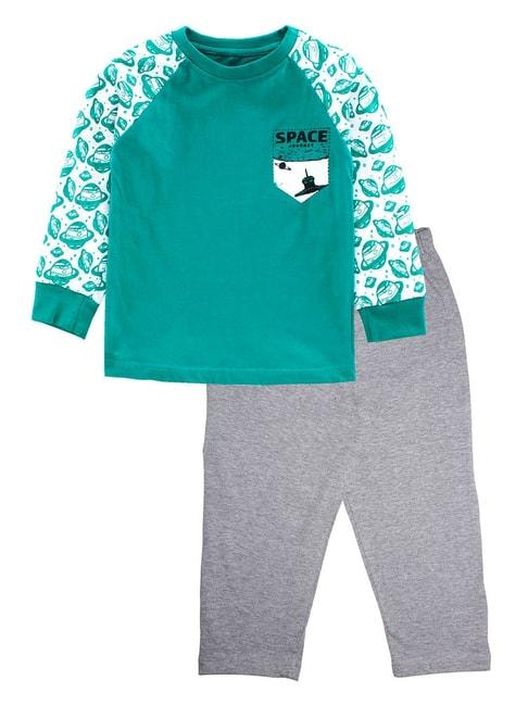 Kiddopanti Kids Green & Grey Printed Full Sleeves T-Shirt with Pyjamas
