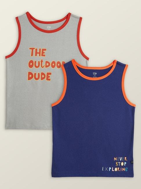 XY Life Kids Grey & Blue Cotton Relaxed Fit Vests (Pack of 2)