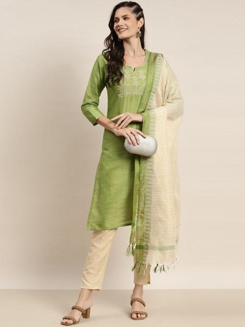 Jompers Green & Off-White Embroidered Kurta Pant Set With Dupatta