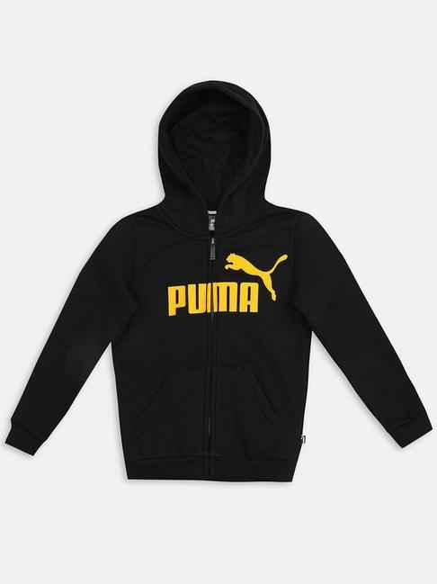 Puma Kids ESS FZ FL B Black & Yellow Cotton Logo Full Sleeves Hoodie