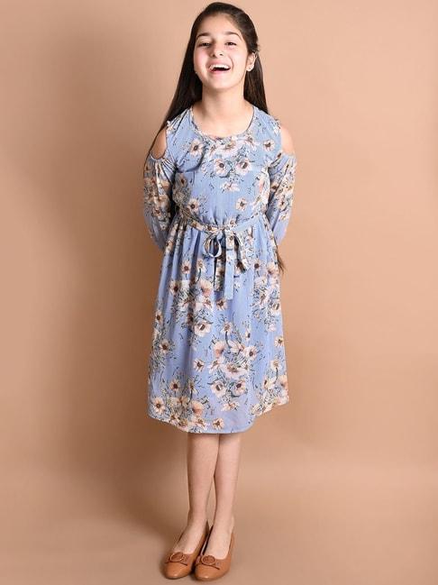 LilPicks Kids Sky Blue & Brown Floral Print Dress