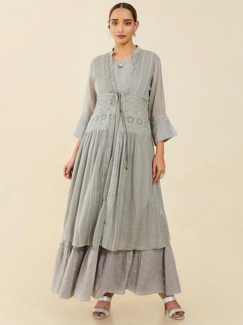 Soch Grey Cotton Embroidered A-Line Dress With Jacket