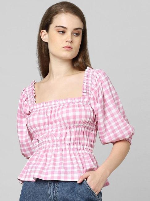 Only Pink Cotton Chequered Top