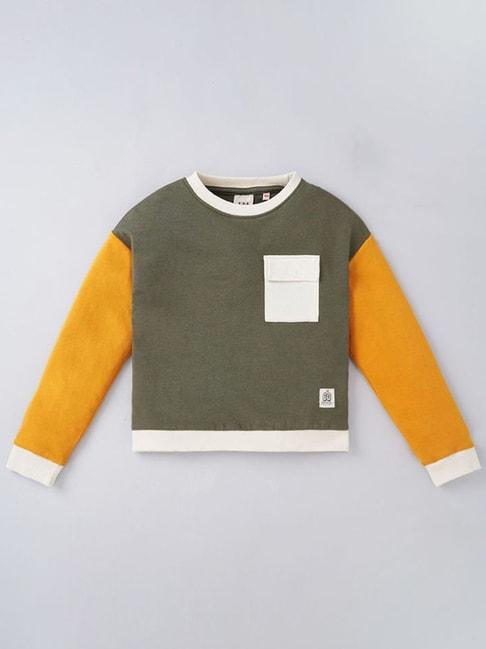 Ed-a-Mamma Kids Olive Green & Yellow Cotton Color Block Full Sleeves Sweatshirt