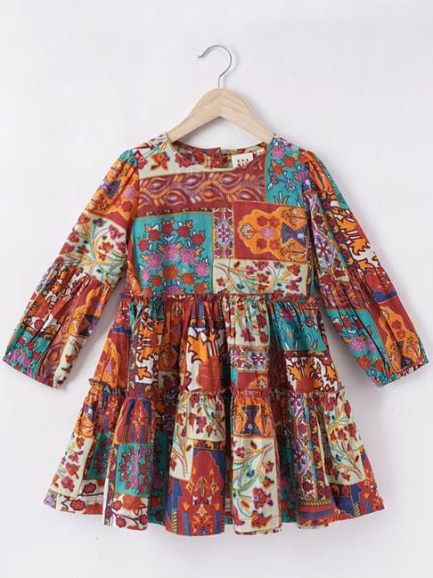 Ed-a-Mamma Kids Brown & Blue Cotton Printed Full Sleeves Dress