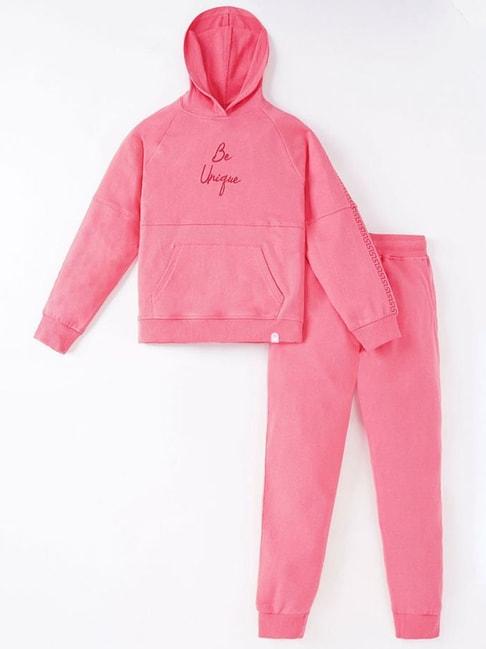 Ed-a-Mamma Kids Pink Cotton Embroidered Full Sleeves Sweatshirt Set