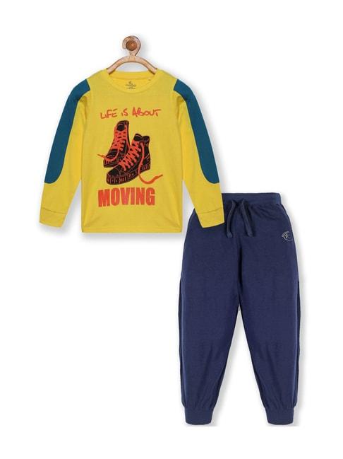 Kiddopanti Kids Yellow & Navy Cotton Printed Full Sleeves T-Shirt Set