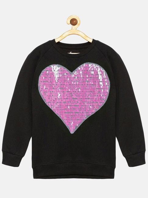 Kiddopanti Kids Jet Black & Pink Applique Full Sleeves Sweatshirt